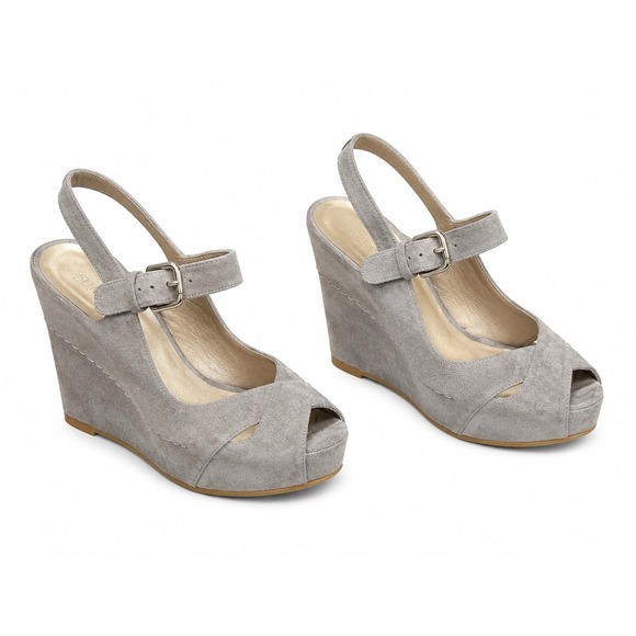 Stuart Weitzman Shoes - Stuart Weitzman Platform Wedges 5.5 Gray Suede Y2K Peep Toe Chic Euro Summer